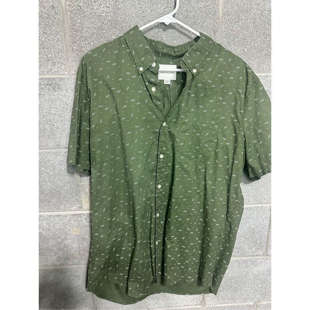 American Eagle Button Down Shirt Collared Flap Pocket Green XL